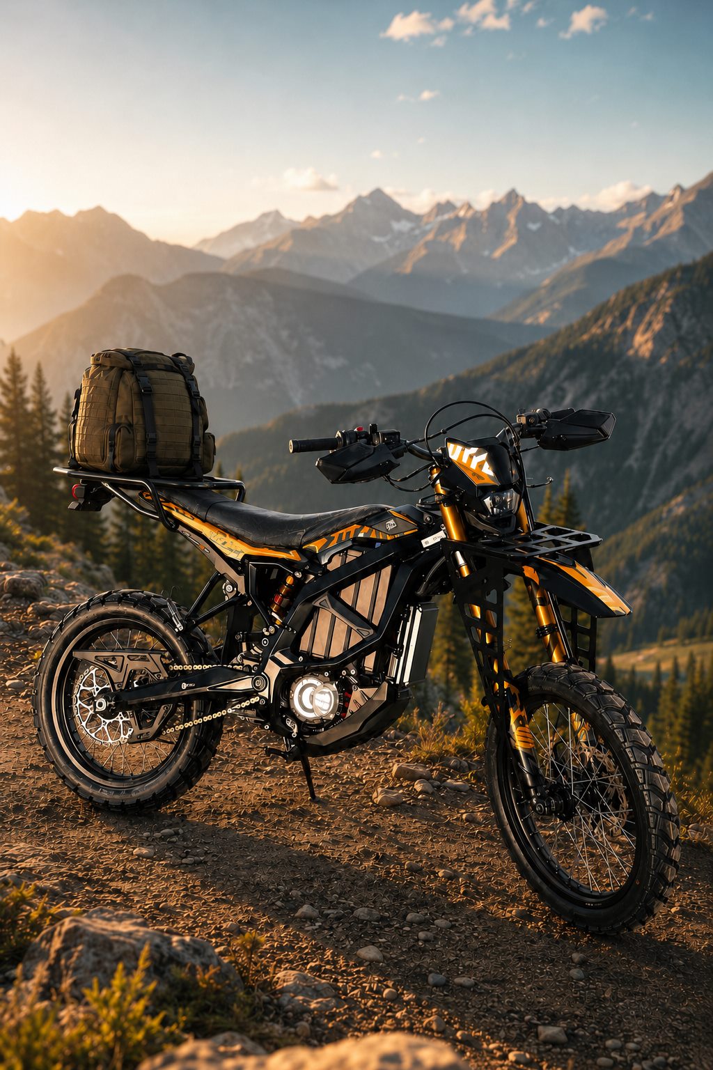 Ultra Bee parked on a mountain ridge at golden hour with panoramic mountain backdrop